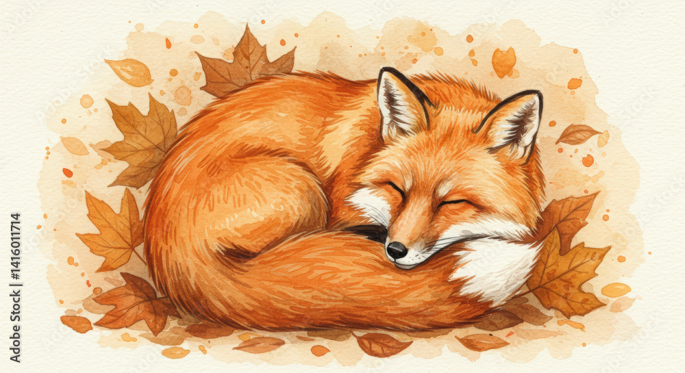 Sleeping Fox Curled Up Watercolor Illustration for Autumn Designs and Children's Content