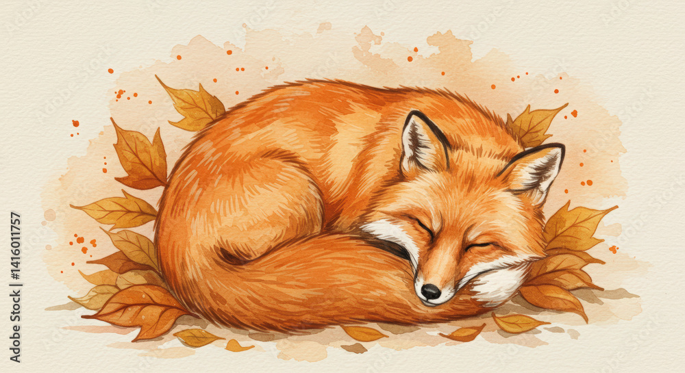 Sleeping Fox Curled in Autumn Leaves Watercolor Illustration for Children's Designs
