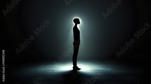 Silhouette in the Spotlight: A single figure stands illuminated, a radiant silhouette against the darkness. The image evokes feelings of mystery, isolation, and introspection.
