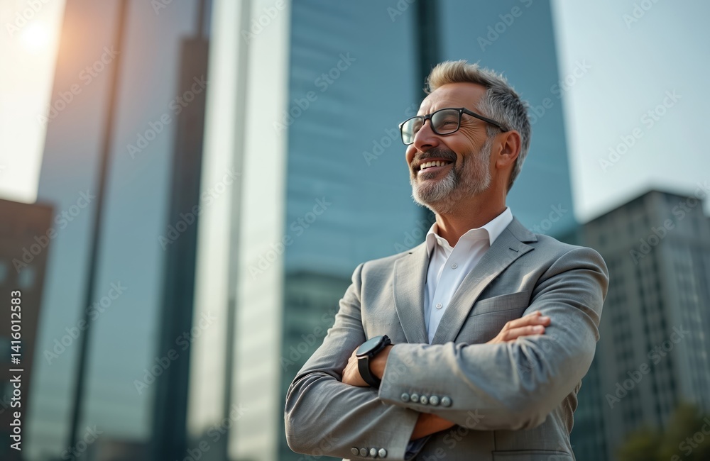 Happy, smiling middle-aged businessman executive looks up. Successful corporate leader with grey hair, glasses, white shirt, grey suit stands outside office building, crossed arms. Mature Happy, smiling middle-aged businessman executive looks up. Successful corporate leader with grey hair, glasses, white shirt, grey suit stands outside office building, crossed arms. Mature