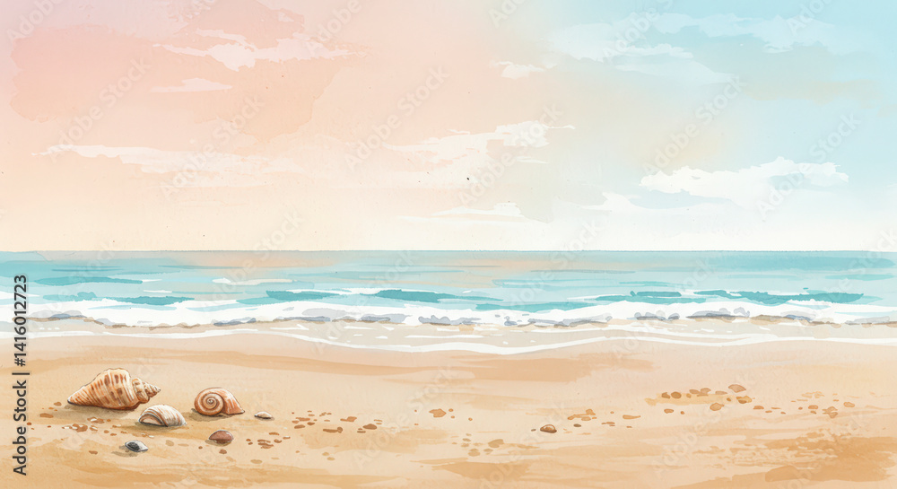 Seashells on Sandy Beach Watercolor, Serene Coastal Illustration for Summer Vacation and Nature Backgrounds