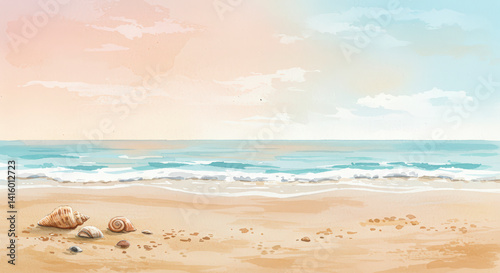 Obraz na płótnie Seashells on Sandy Beach Watercolor, Serene Coastal Illustration for Summer Vacation and Nature Backgrounds w salonie