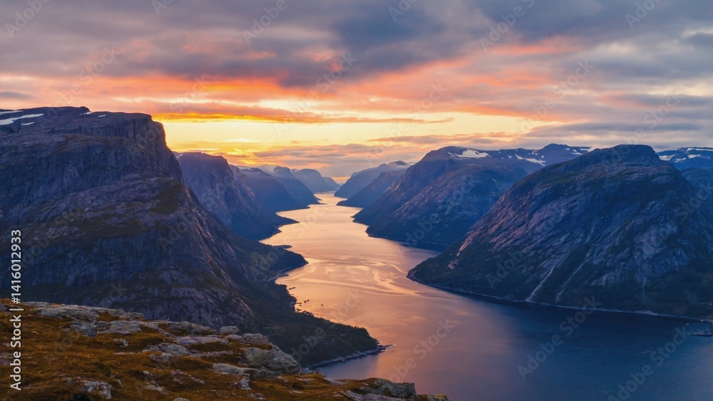 Fototapeta premium A beautiful mountain range with a river running through it. The sun is setting, casting a warm glow over the landscape. The scene is serene and peaceful, with the mountains