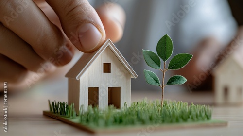 A miniature energy-efficient house model with colorful layered walls in a rainbow gradient, placed on a wooden surface with fresh grass, blurred green foliage background in soft sunlight