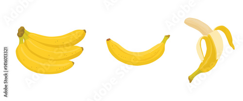 Set of banana fruit with peeled and bunch banana