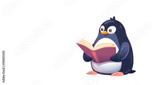 Adorable Cartoon Penguin Engrossed in Reading a Book - Illustration for Children's Books or Educational Materials