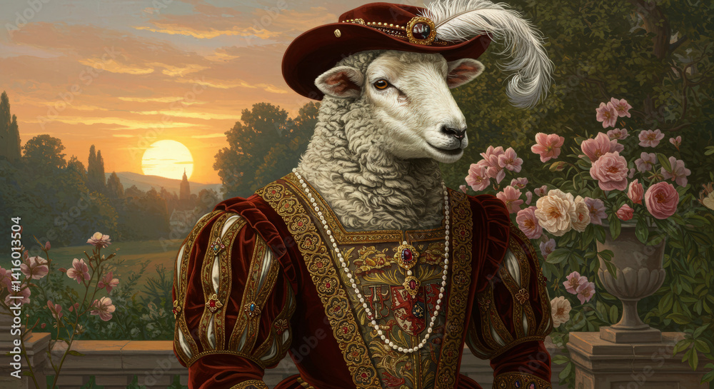 Regal Sheep Portrait in Royal Attire, Whimsical Illustration for Greeting Cards and Humorous Designs