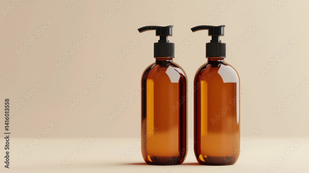 Elegant minimalist amber bottles with dispenser pumps for cosmetics and healthcare products Elegant minimalist amber bottles with dispenser pumps for cosmetics and healthcare products