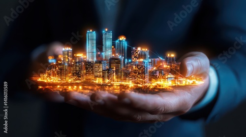 A businessman holds a glowing, futuristic city model in his hands, symbolizing innovation and urban development.
