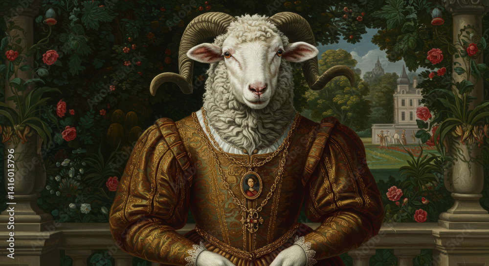 Regal Ram Portrait in Renaissance Attire, Anthromorphic Art for Unique Designs