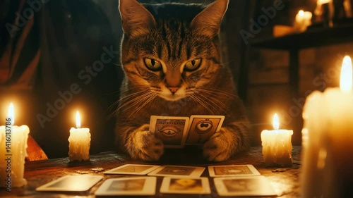 Mystic cat tarot reading by candlelight in a dark room