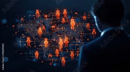 A business professional gazes at a digital world map connecting people, symbolizing global networking and communication.