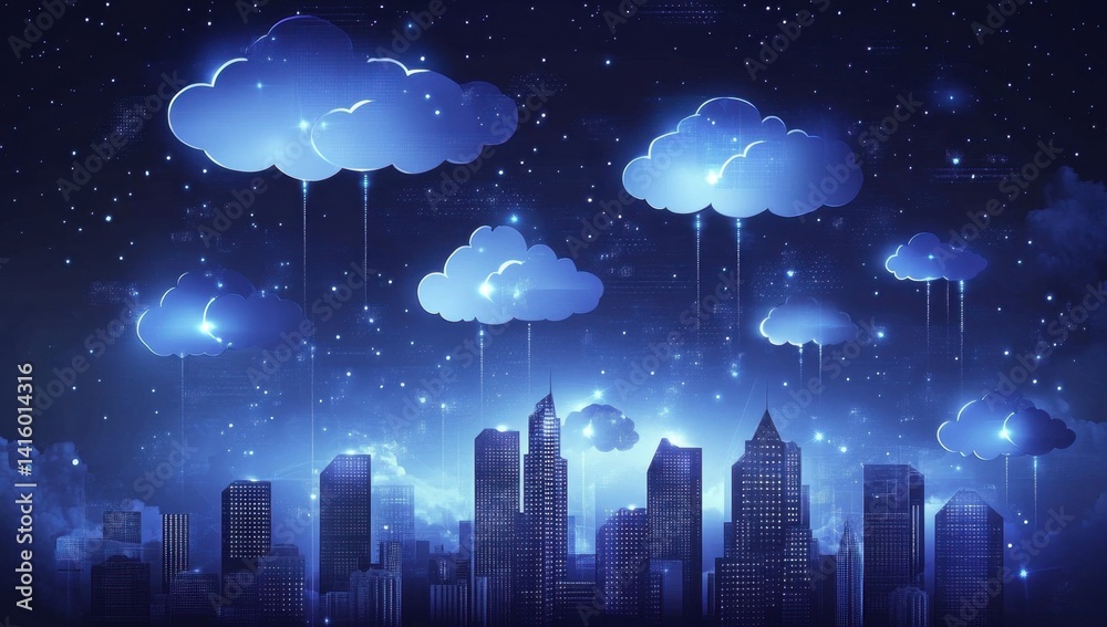 Fototapeta premium A digital illustration of cloud technology in urban architecture, with glowing clouds and skyscrapers interconnected by data connections, representing the integration between city life Generative AI