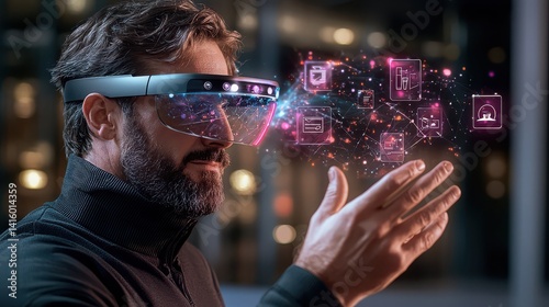 A focused male wearing augmented reality glasses interacts with digital holographic icons, showcasing innovation and technology.