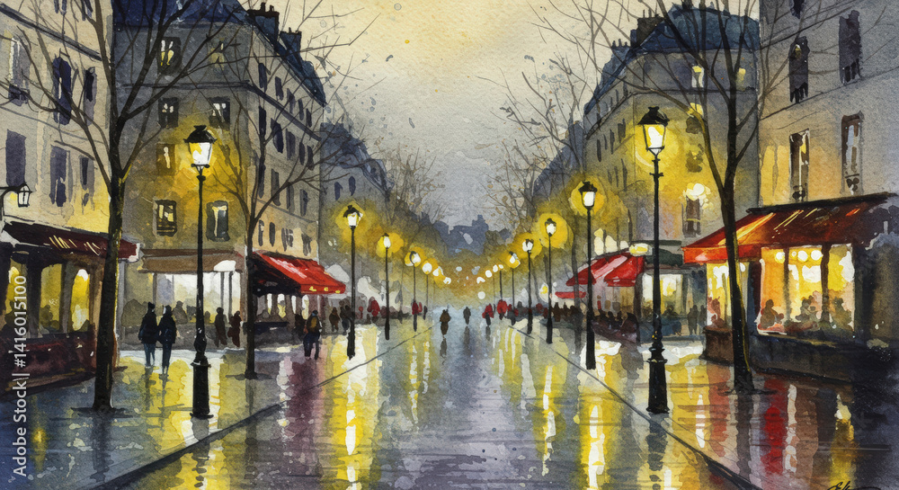Paris Rainy Street Scene Watercolor Painting at Night, European Cityscape for Travel Blogs, City Guides and Website Headers
