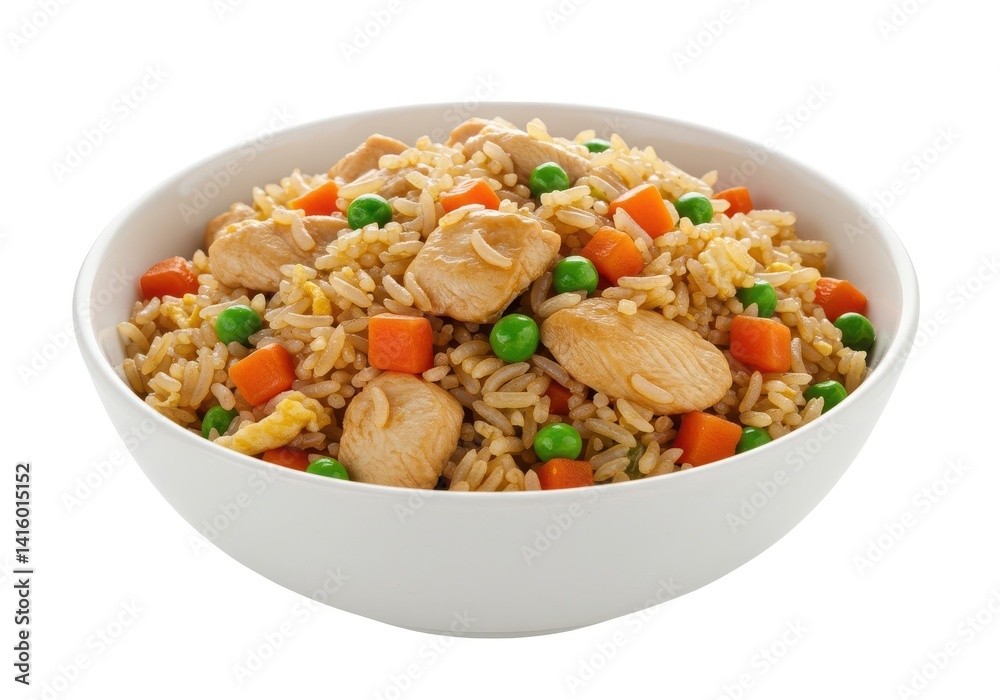 Delicious chicken fried rice recipe bowl closeup view food isolated on white background Delicious chicken fried rice recipe bowl closeup view food isolated on white background
