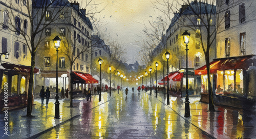 Obraz na płótnie Paris Rainy Street Scene Watercolor Painting at Night, European Cityscape for Travel Blogs, City Guides and Website Headers w salonie