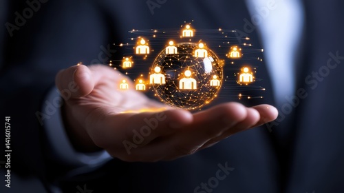 A businessman in a suit holds a holographic globe, symbolizing global connectivity and collaboration in a digital age.