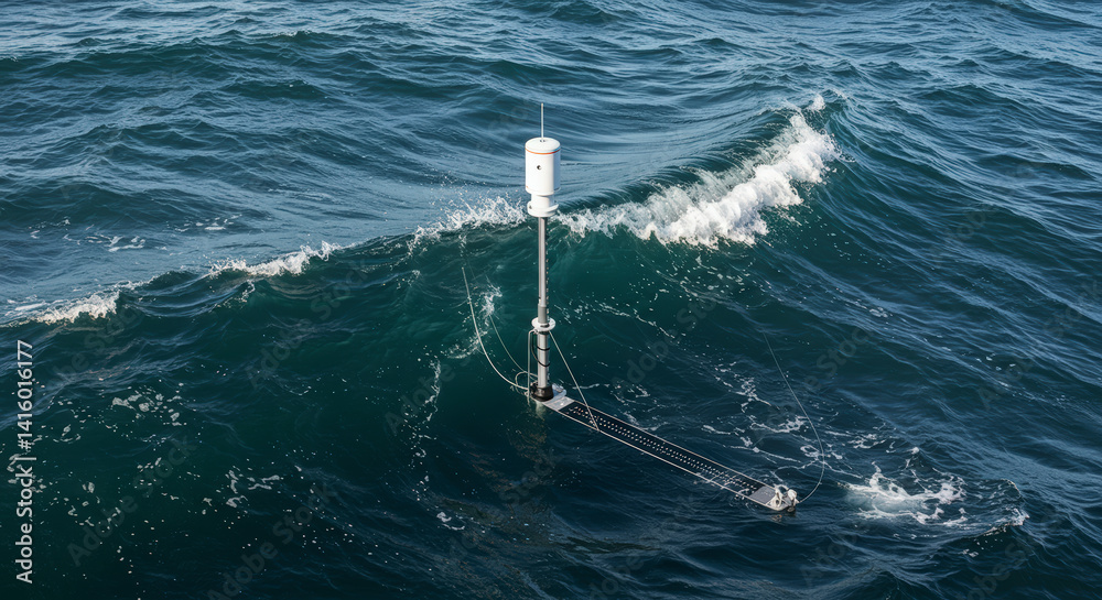 Oceanographic Buoy Monitoring Waves in Deep Blue Sea Stock Photo