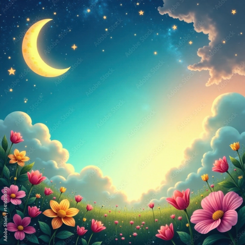 Twinkling stars and crescent moons on a dreamy garden banner , night sky, celestial, stars Twinkling stars and crescent moons on a dreamy garden banner , night sky, celestial, stars