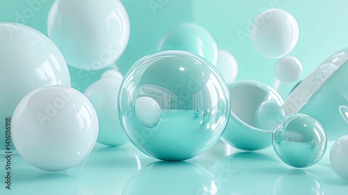 Mint and white spheres create a soft, ethereal scene.