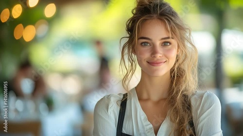 Wallpaper Mural Young woman smiling in a bright café with greenery and soft lighting in the background Torontodigital.ca