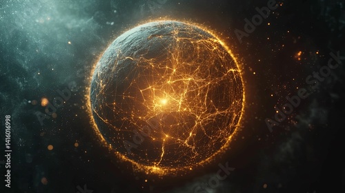 Intricate, fractured celestial orb within a cosmic expanse.