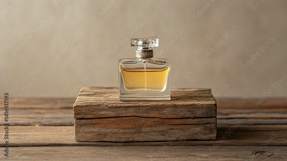 Elegant perfume bottle displayed on rustic wooden block. Elegant perfume bottle displayed on rustic wooden block.