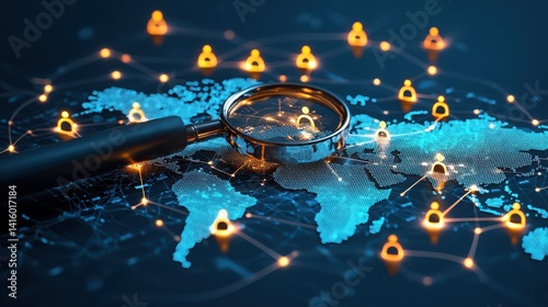 A close-up of a magnifying glass over a digital world map, symbolizing global connectivity and cybersecurity.