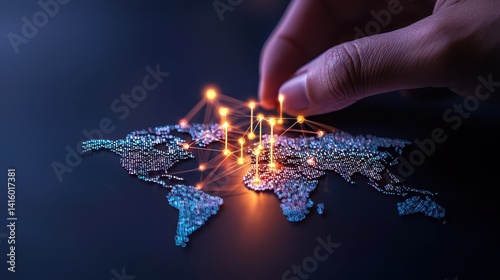 A hand reaching towards a digital world map, symbolizing connectivity and global interaction.