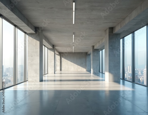 Modern empty office space with large windows. Concrete interior design with bright natural light and city view. Minimalist architecture for business, work, real estate or new construction concepts.