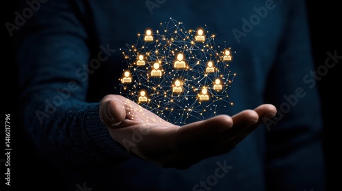 A person holds a glowing network of connected user icons, symbolizing digital connections and social networking.