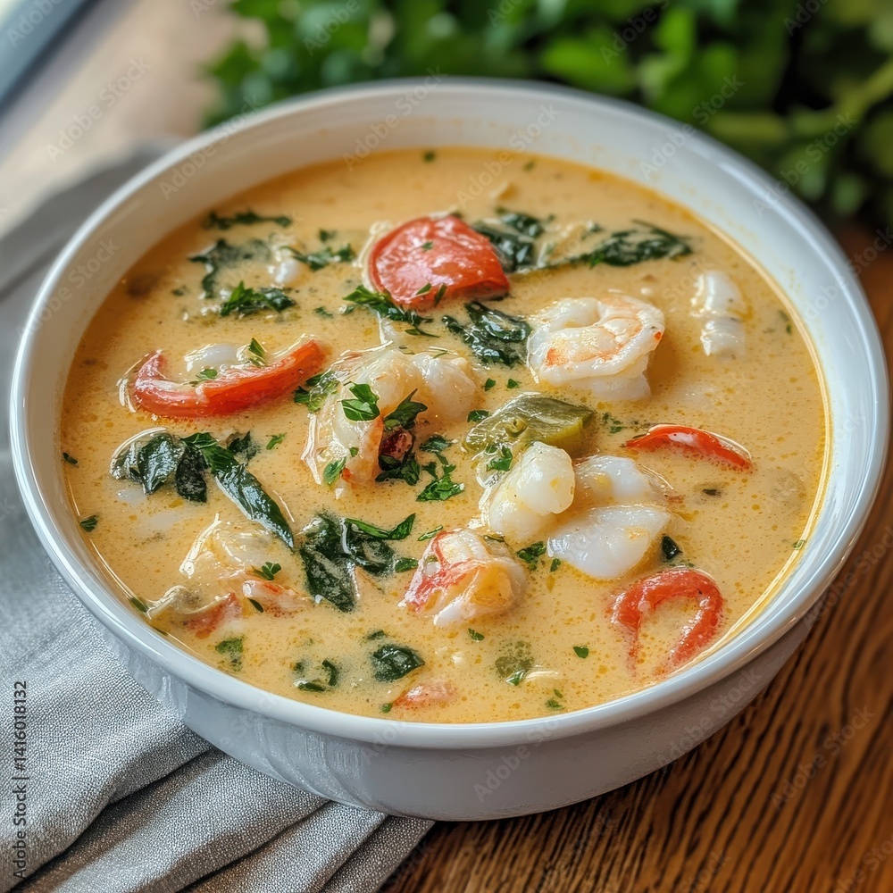 Shrimp soup with spinach and tomato. Shrimp soup with spinach and tomato.