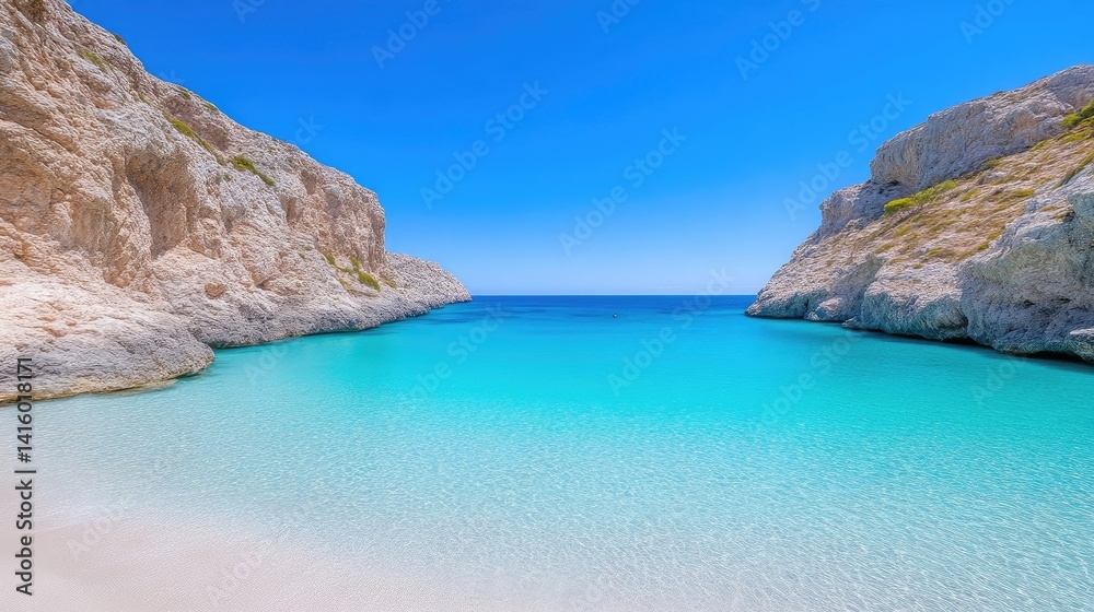 Fototapeta premium Tranquil, secluded beach cove with crystal-clear turquoise water and white sand, framed by dramatic limestone cliffs