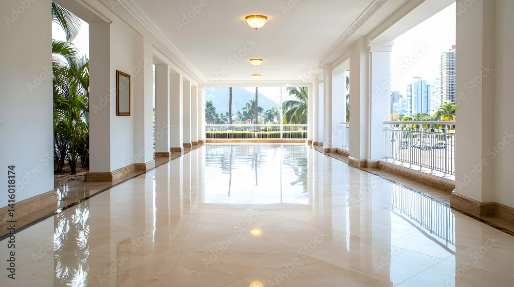 Fototapeta premium Bright spacious hallway polished marble floor modern interior design