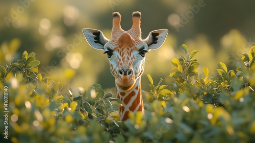 A majestic spotted animal peering through lush green foliage bathed in warm sunlight