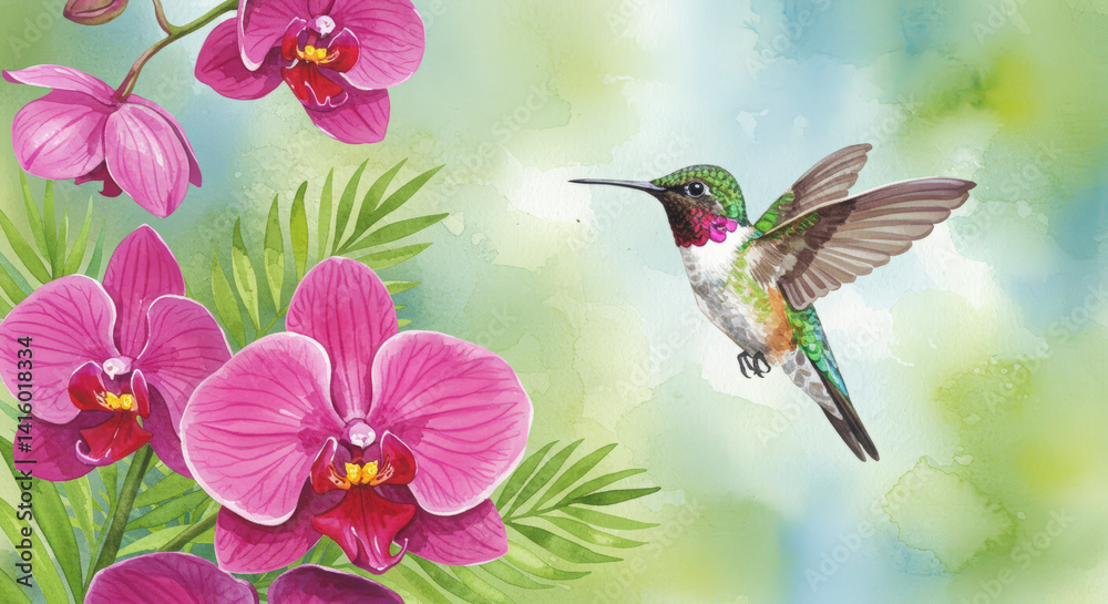Hummingbird and Orchid Watercolor Painting, Delicate Floral Illustration for Spring Designs