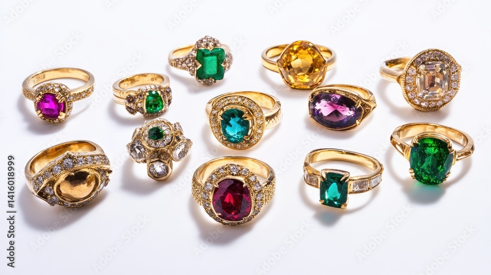 Assortment of rings with gemstones in a semi-circle pattern on white background Assortment of rings with gemstones in a semi-circle pattern on white background