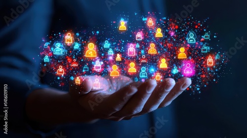 A person of undetermined ethnicity holds a glowing depiction of digital icons, symbolizing networking and technology.