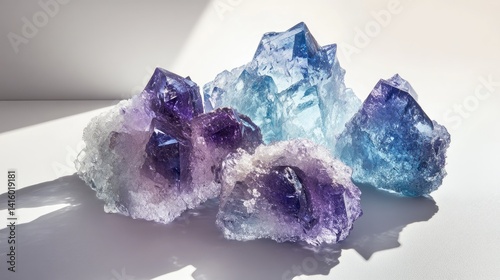 Blue and purple gemstone collection spread organically across a white studio surface