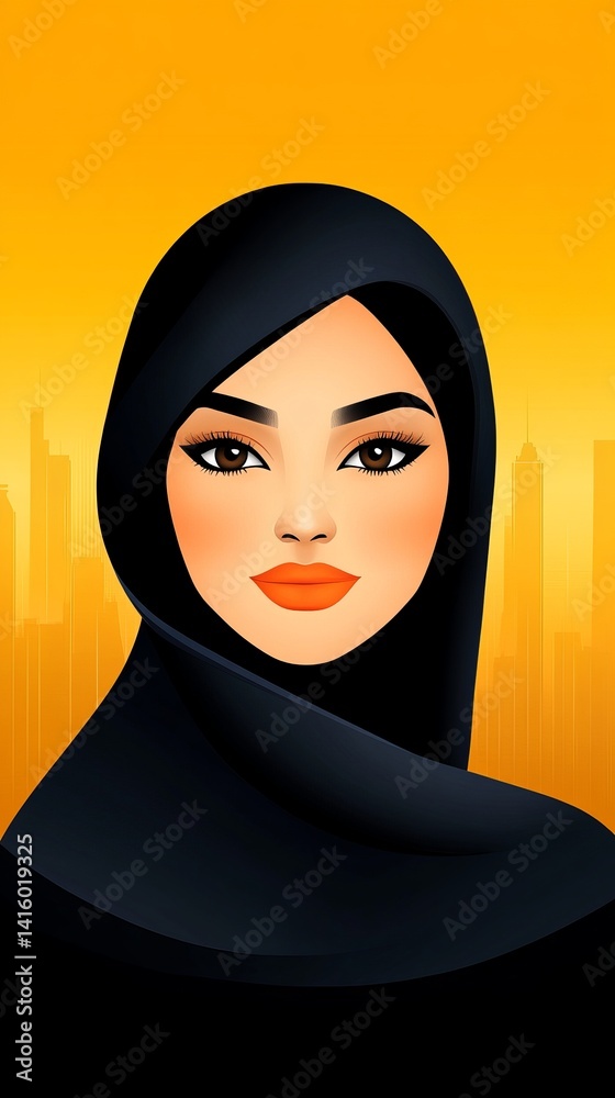 Woman with dark hijab is smiling in front of a stylized yellow background with city buildings.