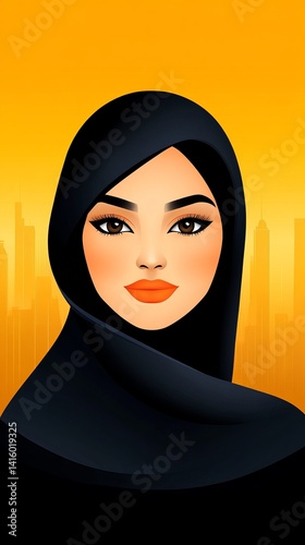 Obraz na płótnie Woman with dark hijab is smiling in front of a stylized yellow background with city buildings. w salonie