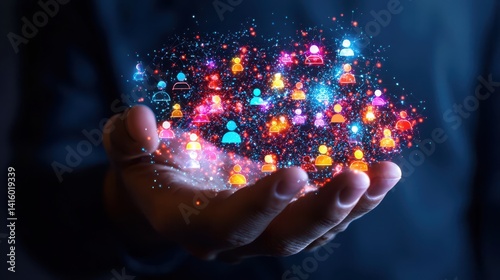 A male hand holds a swirling array of colorful social icons, symbolizing digital connectivity and networking.