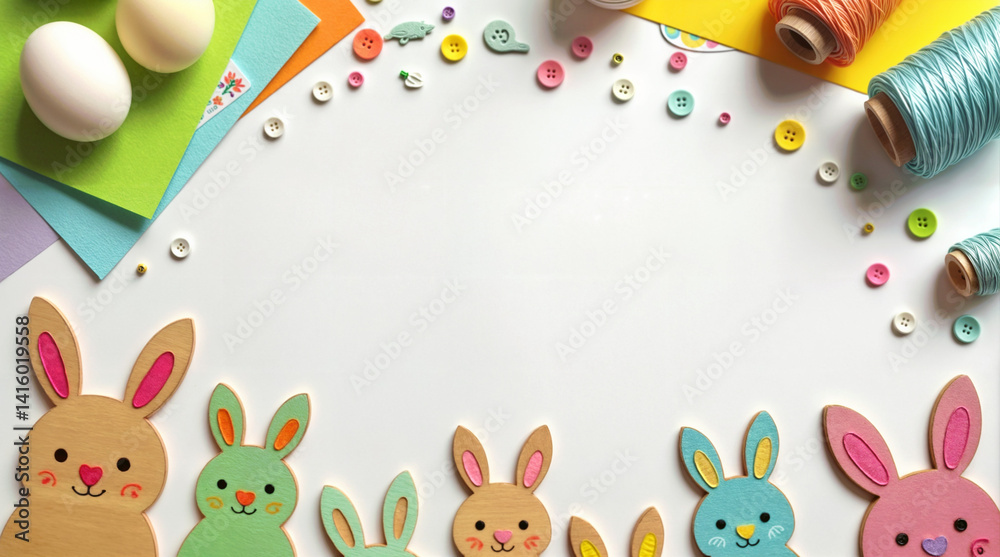 Fototapeta premium Colorful Easter decorations with bunnies and craft supplies 