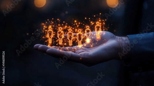 A close-up of a male hand with glowing digital figures, symbolizing teamwork and connection.