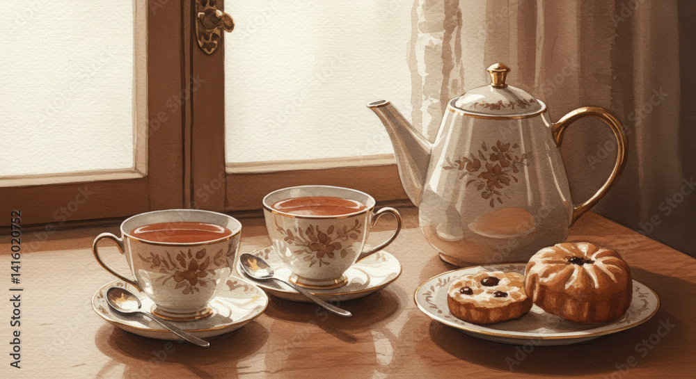 Elegant Tea Set with Pastries Watercolor Style Illustration for Cafe and Home Decor