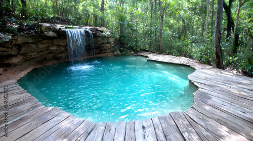 Tranquil waterfall pool in lush forest serene nature escape