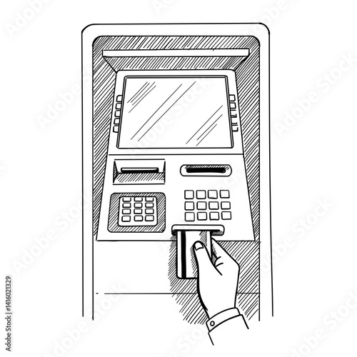 ATM Machine Sketch Icon. Hand inserting card, monochrome design. Cash withdrawal, banking service concept. Financial transaction symbol, self-service terminal graphic