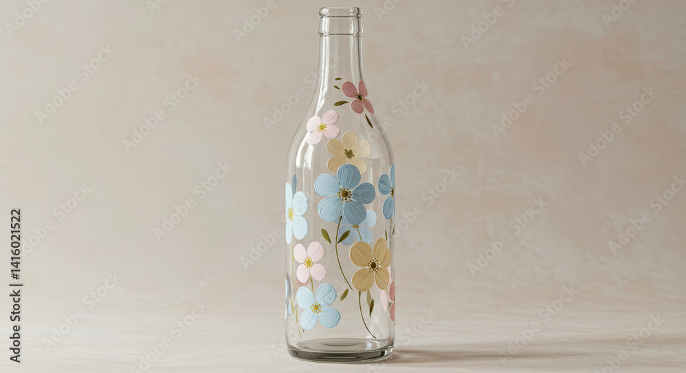 Elegant glass bottle with pastel floral design, decorative still life for home decor and spring themes