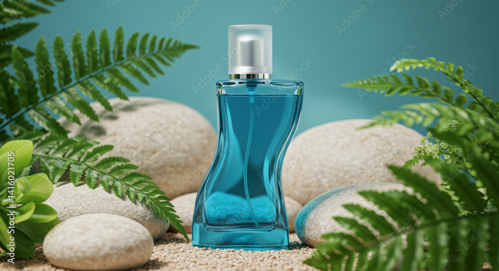 Elegant Blue Perfume Bottle Displayed with Ferns and Stones for Natural Beauty Campaigns